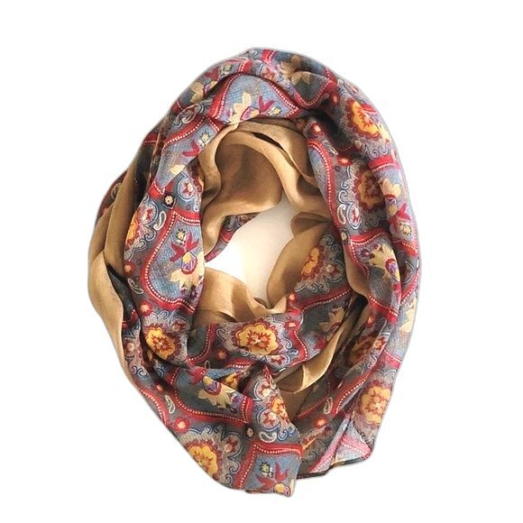 Red Blue Gold Rectangular Mosaic Print Patterned Scarf Holiday Retro Dressy - Picture 2 of 9